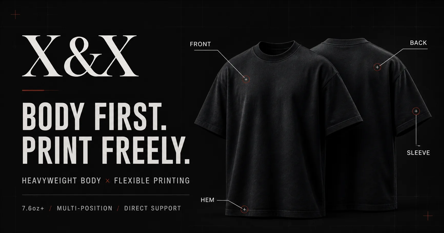 X&Xオリジナルウェアの厚手Tシャツとプリント位置